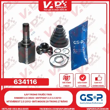GSP Láp Trong Trước Trái RANGER 2.0 2020- 6MT/10AT 2.2 3.2 2012- MT EVEREST 2.5 2012- (MT) Ngoài 29 Trong 27 Răng