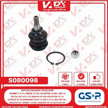 GSP Rotuyn Trụ Đứng Trước Dưới Accent 1.4 11+, Creta 1.5 19+, Elantra 1.6 20+, I20 1.4 08-20, I30 1.6 11-15, Sonata 01-06, Veloster 12-15, Cerato 12-18, Morning 1.0 07-11, Rio 1.4 11+, Seltos 19+, Soluto 18+, Sonet 1.5 20+, Avante 10-15, Getz 02-05