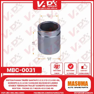 Piston Phanh Trước Santafe 2.2 3.3 12-/ 2.4 00-06, Sorento 2.2 2.4 09-14 EQUUS XG25/30 H1 LIBERO STAREX TERRACAN TRAJET SORENTO SSANYONG REXTON - Trong 33.7 Ngoài 42.8 Cao 49