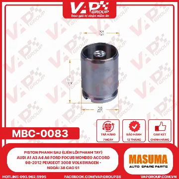 Piston Phanh Sau (liền lõi phanh tay) AUDI A1 A3 A4 A6 FORD FOCUS MONDEO Accord 98-2012 PEUGEOT 3008 VOLKSWAGEN - Ngoài 38 Cao 51