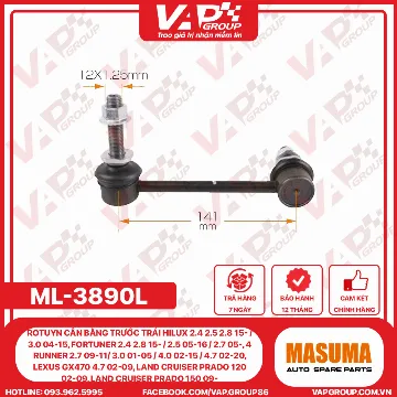 Rotuyn Cân Bằng Trước Trái Hilux 2.4 2.5 2.8 15- / 3.0 04-15, Fortuner 2.4 2.8 15- / 2.5 05-16 / 2.7 05-, 4 Runner 2.7 09-11/ 3.0 01-05 / 4.0 02-15 / 4.7 02-20, Lexus Gx470 4.7 02-09, Land Cruiser Prado 120 02-09, Land Cruiser Prado 150 09-