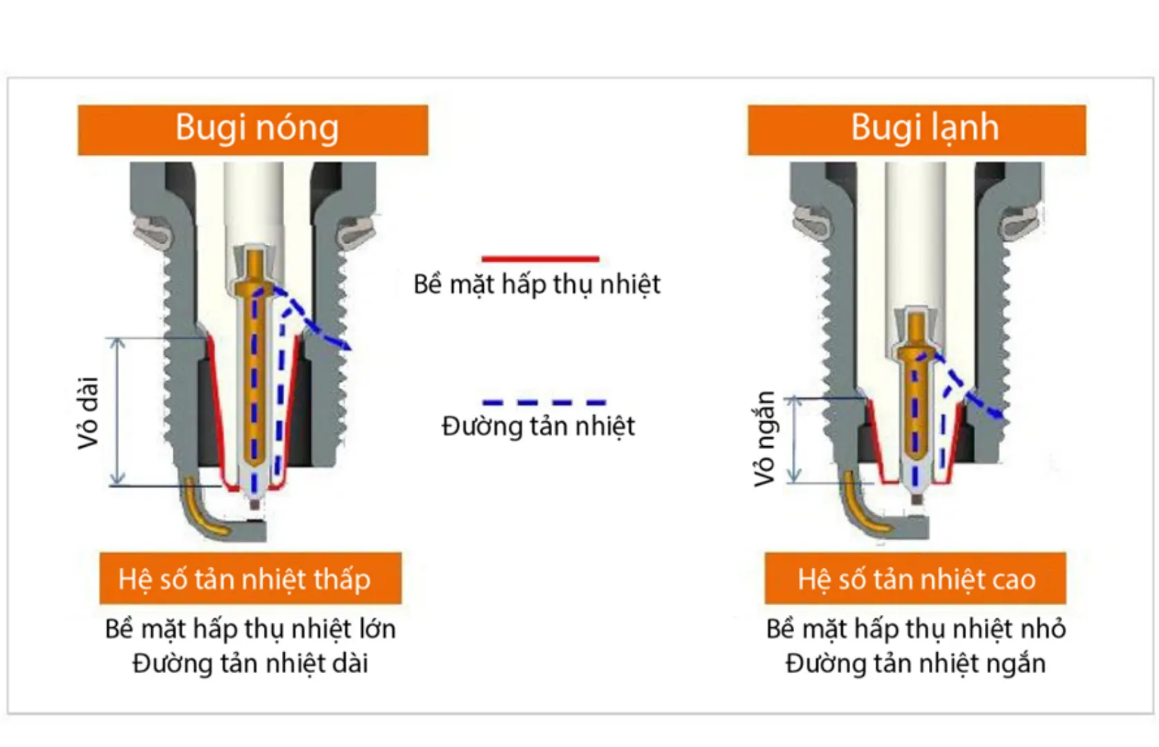 Hỉnh ảnh so sánh đặc điểm của hai loại bugi nóng và lạnh